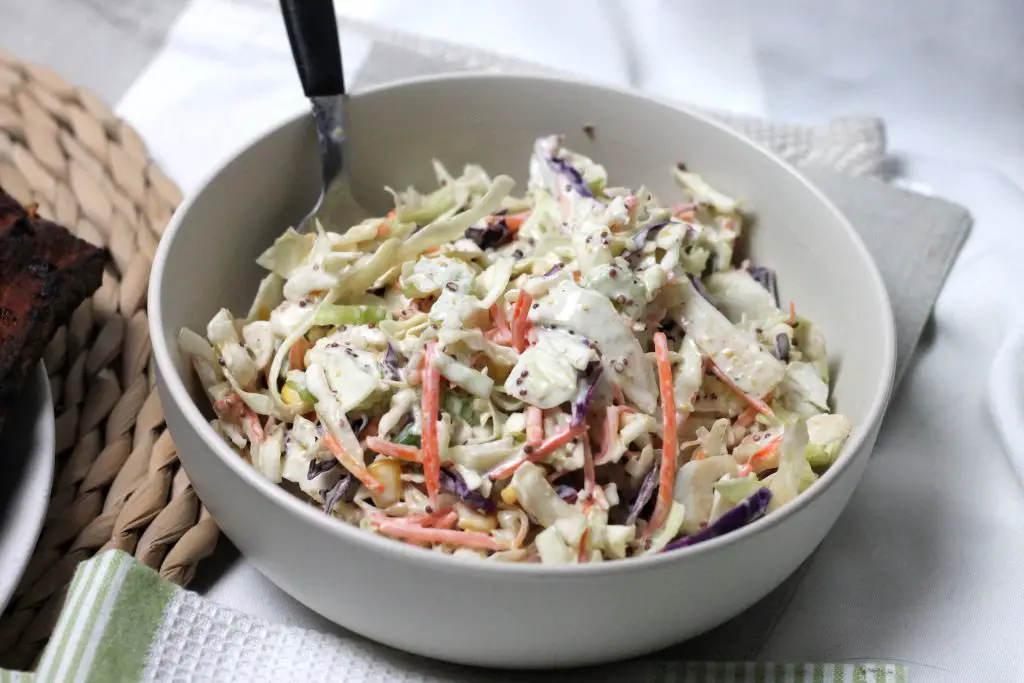 Tangy Slaw LCHF KETO by Aussie Keto Queen. Bowl of coleslaw and a steak