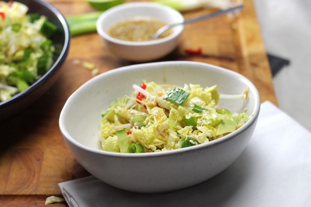Keto Chinese Cabbage salad is a delicious combination of tangy, sweet and spicy flavours, making this Cabbage Salad the perfect keto side dish or BBQ accompaniment! #ketosalad #ketogenicrecipes #ketodiet
