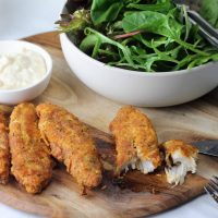 Easy Keto oven baked chicken tenders are delicious and crispy and a super easy Keto Lunch or dinner - or even a kid friendly keto snack! #keto #ketogenic