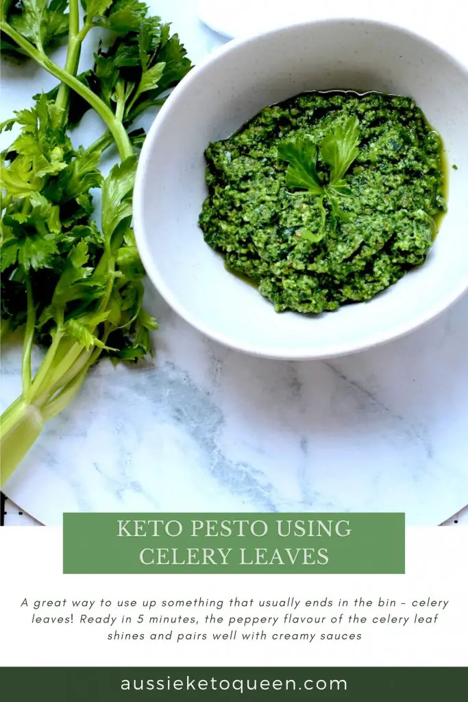 Keto Pesto Using Celery Leaves by Rachel Burke Aussie Keto Queen. A great way to use up something that usually ends in the bin - celery leaves! Ready in 5 minutes, the peppery flavour of the celery leaf shines and pairs well with creamy sauces