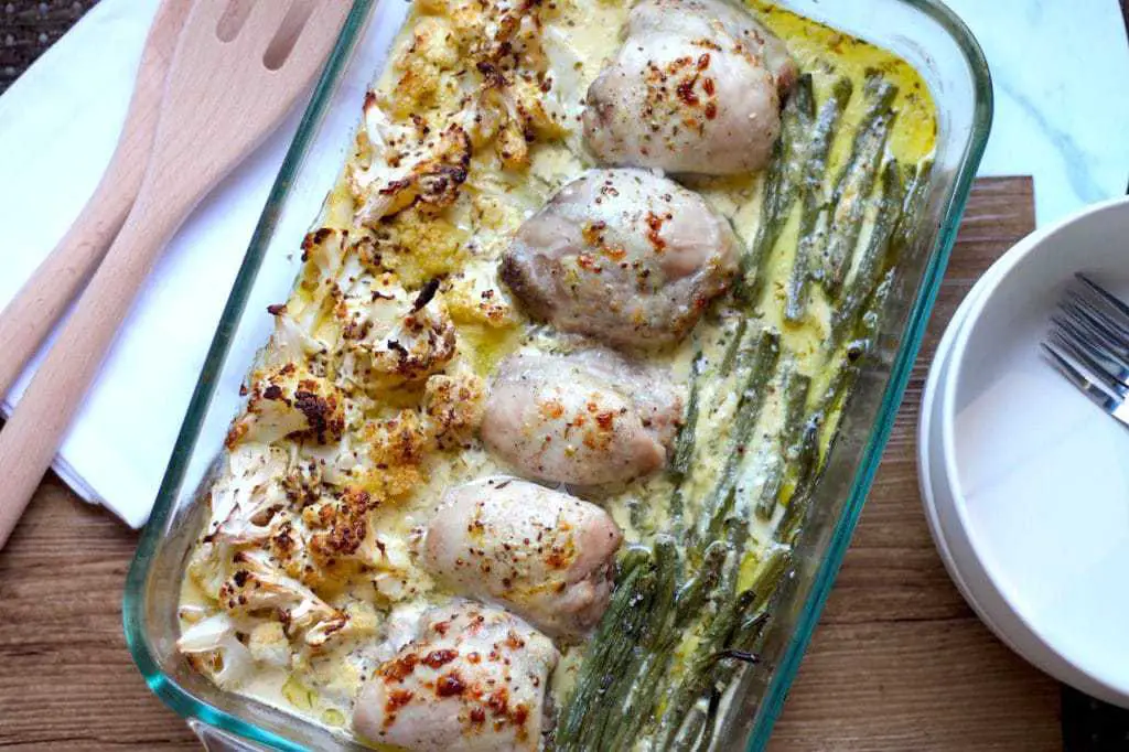 Keto Creamy Mustard Chicken One Tray Bake recipe by Aussie Keto Queen All in one tray, in the oven and bam you've got a delicious keto friendly dinner loaded with veg!