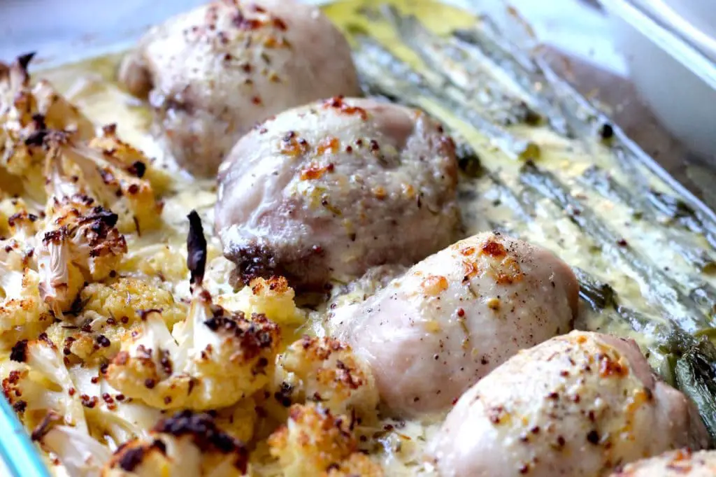 Keto Creamy Mustard Chicken One Tray Bake recipe by Aussie Keto Queen All in one tray, in the oven and bam you've got a delicious keto friendly dinner loaded with veg!