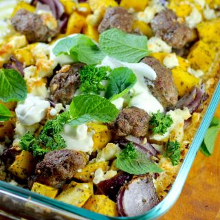 Oven Baked Keto Lamb Koftas, Pumpkin & Cous Cous by Aussie Keto Queen - Mix together, put in the oven and dinner is ready in a flash! The delicious, fresh flavour of this Lamb Kofta dish is fantastic any time of the year and is loaded with healthy fats. It might look like a lot of ingredients, but most are repeated spices!