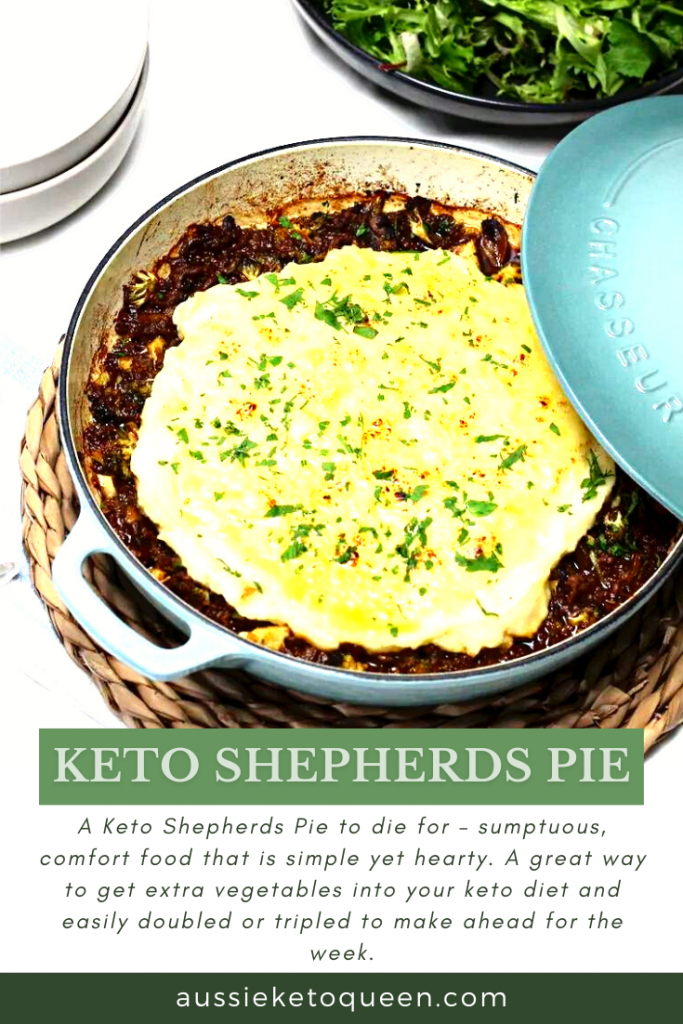 A Keto Shepherds Pie to die for – sumptuous, comfort food that is simple yet hearty. A great way to get extra vegetables into your keto diet and easily doubled or tripled to make ahead for the week.