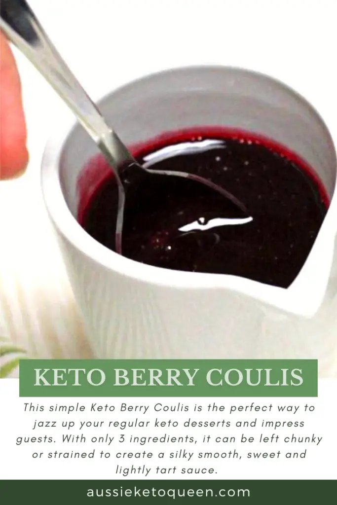Keto Berry Coulis This simple Keto Berry Coulis is the perfect way to jazz up your regular keto desserts and impress guests. With only 3 ingredients, it can be left chunky or strained to create a silky smooth, sweet and lightly tart sauce. 