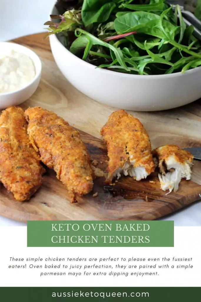 Keto Oven Baked Chicken Tenders With Parmesan Mayonnaise by Rachel Burke Aussie Keto Queen. Easy Keto oven baked chicken tenders are delicious and crispy and a super easy Keto Lunch or dinner - or even a kid friendly keto snack! #keto #ketogenic