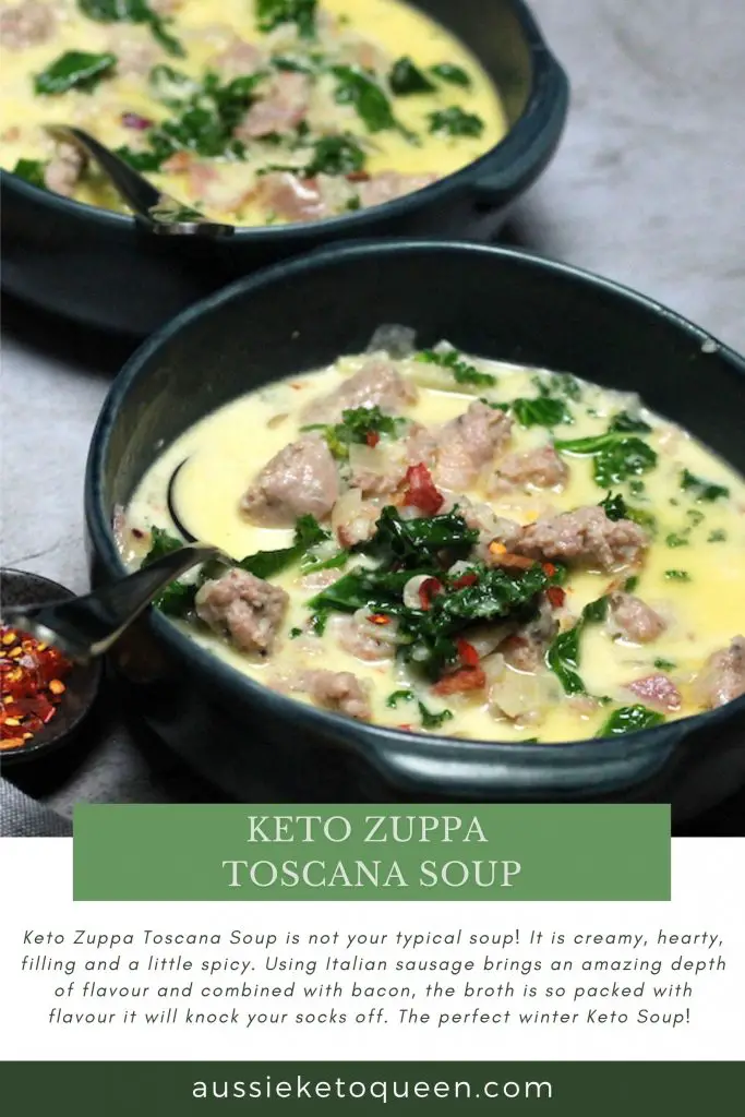 Keto Zuppa Toscana Soup by Aussie Keto Queen. Keto Zuppa Toscana Soup is not your typical soup! It is creamy, hearty, filling and a little spicy. Using Italian sausage brings an amazing depth of flavour and combined with bacon, the broth is so packed with flavour it will knock your socks off. The perfect winter Keto Soup!